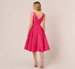 Adrianna Papell Wedding Guest Dresses|Petite-Friendly*Sleeveless Mikado Fit And Flare Midi Dress With V-Back In Electric Pink