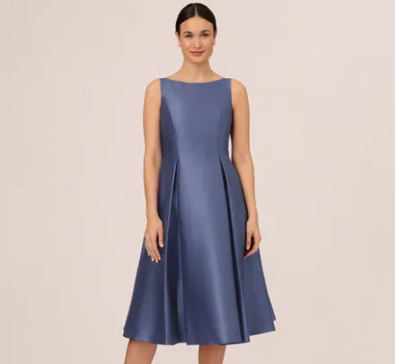 Adrianna Papell Wedding Guest Dresses|Petite-Friendly*Sleeveless Mikado Fit And Flare Midi Dress With V-Back In Blue Frost