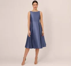Adrianna Papell Wedding Guest Dresses|Petite-Friendly*Sleeveless Mikado Fit And Flare Midi Dress With V-Back In Blue Frost