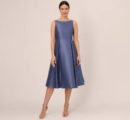 Adrianna Papell Wedding Guest Dresses|Petite-Friendly*Sleeveless Mikado Fit And Flare Midi Dress With V-Back In Blue Frost