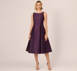 Adrianna Papell Wedding Guest Dresses|Petite-Friendly*Sleeveless Mikado Fit And Flare Midi Dress With V-Back In Luxe Plum