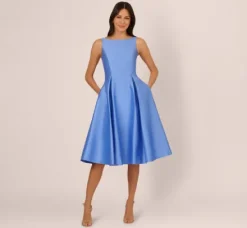 Adrianna Papell Wedding Guest Dresses|Petite-Friendly*Sleeveless Mikado Fit And Flare Midi Dress With V-Back In Electric Ice