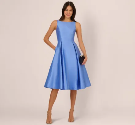 Adrianna Papell Wedding Guest Dresses|Petite-Friendly*Sleeveless Mikado Fit And Flare Midi Dress With V-Back In Electric Ice