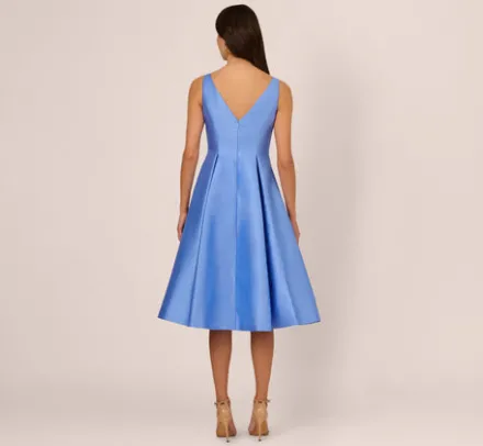 Adrianna Papell Wedding Guest Dresses|Petite-Friendly*Sleeveless Mikado Fit And Flare Midi Dress With V-Back In Electric Ice