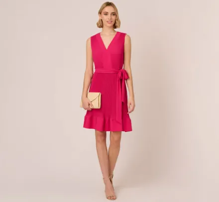 Adrianna Papell Wedding Guest Dresses|Day Dresses*Sleeveless Pleated Dress With Self Tie Waist In Hot Pink