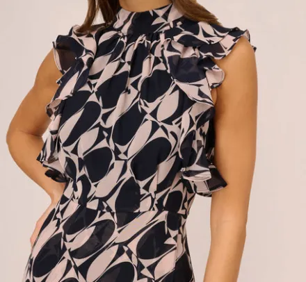 Adrianna Papell Wedding Guest Dresses|Ap Exclusives*Sleeveless Printed Maxi Dress With Ruffle Trim In Navy Blush