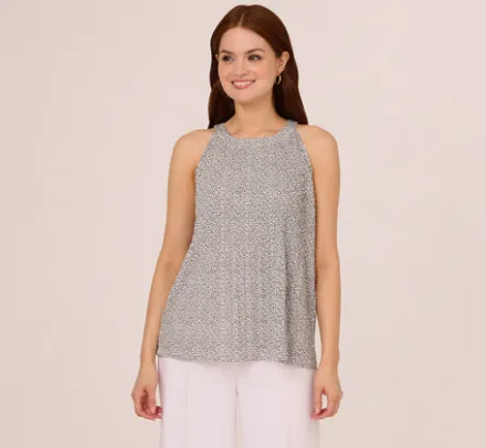 Adrianna Papell Tops & Blouses*Sleeveless Printed Trapeze Top With Crinkle Details In Ivory Navy Ditsy Leafy Vine