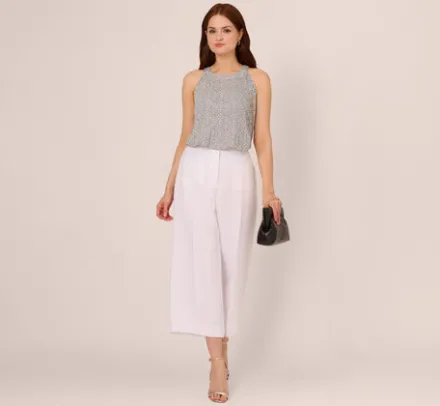 Adrianna Papell Tops & Blouses*Sleeveless Printed Trapeze Top With Crinkle Details In Ivory Navy Ditsy Leafy Vine