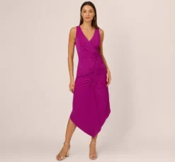 Adrianna Papell Wedding Guest Dresses|Day Dresses*Sleeveless Shirred Jersey Midi Dress With Asymmetrical Hem In Wild Magenta