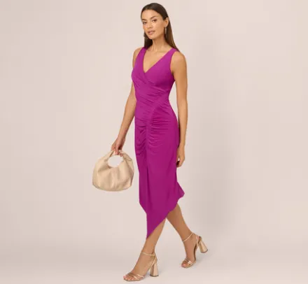 Adrianna Papell Wedding Guest Dresses|Day Dresses*Sleeveless Shirred Jersey Midi Dress With Asymmetrical Hem In Wild Magenta