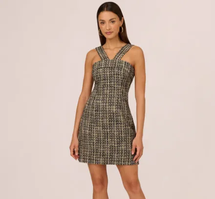 Adrianna Papell Wedding Guest Dresses|Day Dresses*Sleeveless Tweed Mini Dress With Halter Straps In Black Ivory