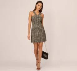 Adrianna Papell Wedding Guest Dresses|Day Dresses*Sleeveless Tweed Mini Dress With Halter Straps In Black Ivory