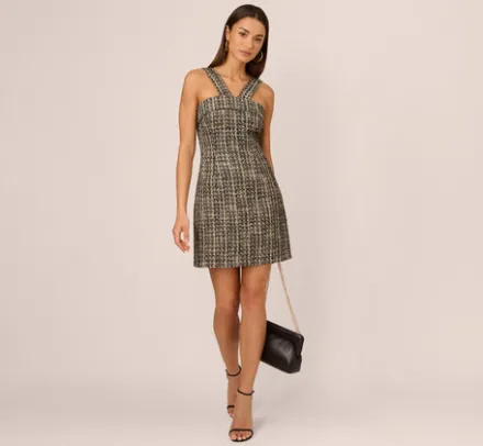 Adrianna Papell Wedding Guest Dresses|Day Dresses*Sleeveless Tweed Mini Dress With Halter Straps In Black Ivory