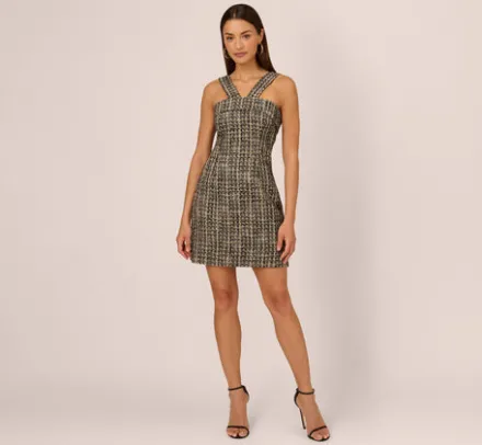 Adrianna Papell Wedding Guest Dresses|Day Dresses*Sleeveless Tweed Mini Dress With Halter Straps In Black Ivory