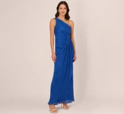 Adrianna Papell Wedding Guest Dresses|Formal Dresses*Stardust Pleated Draped One Shoulder Gown In Brilliant Sapphire
