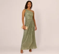 Adrianna Papell Wedding Guest Dresses|Formal Dresses*Stardust Pleated Draped One Shoulder Gown In Green Slate