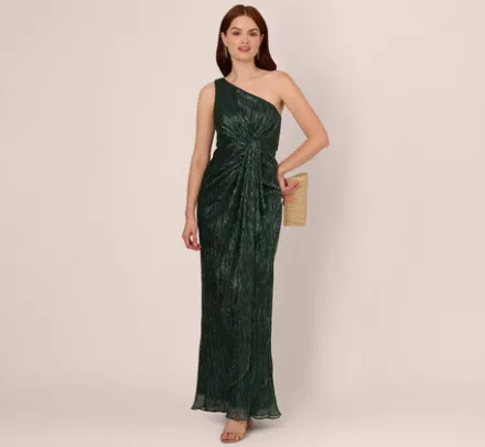 Adrianna Papell Wedding Guest Dresses|Formal Dresses*Stardust Pleated Draped One Shoulder Gown In Green Pine