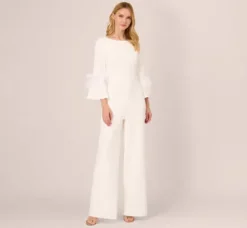 Adrianna Papell Jumpsuits*Stretch Crepe Jumpsuit With Feather Trim Bell Sleeves In