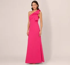 Adrianna Papell Wedding Guest Dresses|Formal Dresses*Stretch Crepe One Shoulder Mermaid Gown With Bow Accent In Hot Pink