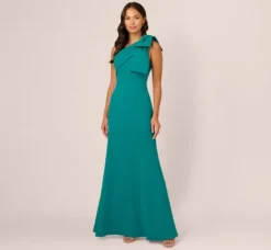 Adrianna Papell Wedding Guest Dresses|Formal Dresses*Stretch Crepe One Shoulder Mermaid Gown With Bow Accent In Tempo Teal