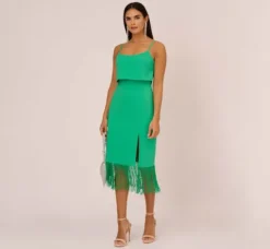 Adrianna Papell Wedding Guest Dresses|Petite-Friendly*Stretch Crepe Popover Midi Dress With Fringe Hem In Summer Green
