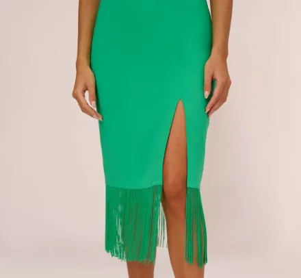 Adrianna Papell Wedding Guest Dresses|Petite-Friendly*Stretch Crepe Popover Midi Dress With Fringe Hem In Summer Green