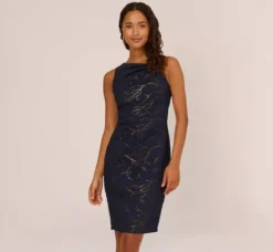 Adrianna Papell Wedding Guest Dresses|Day Dresses*Stretch Jacquard Sleeveless Draped Sheath Dress In