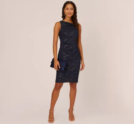 Adrianna Papell Wedding Guest Dresses|Day Dresses*Stretch Jacquard Sleeveless Draped Sheath Dress In