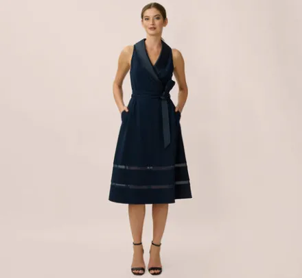 Adrianna Papell Wedding Guest Dresses|Day Dresses*Stretch Knit Crepe Midi-Length Fit-And-Flare Tuxedo Dress With Organza Inserts In