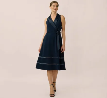 Adrianna Papell Wedding Guest Dresses|Day Dresses*Stretch Knit Crepe Midi-Length Fit-And-Flare Tuxedo Dress With Organza Inserts In