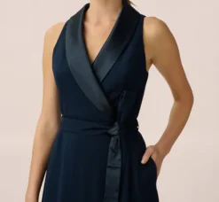 Adrianna Papell Wedding Guest Dresses|Day Dresses*Stretch Knit Crepe Midi-Length Fit-And-Flare Tuxedo Dress With Organza Inserts In