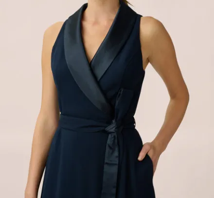 Adrianna Papell Wedding Guest Dresses|Day Dresses*Stretch Knit Crepe Midi-Length Fit-And-Flare Tuxedo Dress With Organza Inserts In