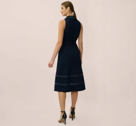 Adrianna Papell Wedding Guest Dresses|Day Dresses*Stretch Knit Crepe Midi-Length Fit-And-Flare Tuxedo Dress With Organza Inserts In