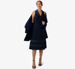 Adrianna Papell Wedding Guest Dresses|Day Dresses*Stretch Knit Crepe Midi-Length Fit-And-Flare Tuxedo Dress With Organza Inserts In