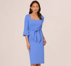 Adrianna Papell Wedding Guest Dresses|Day Dresses*Stretch Knit Crepe Tie-Front Midi-Length Sheath Dress In Precious Peri