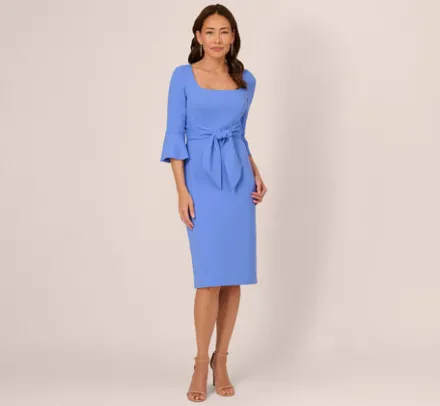 Adrianna Papell Wedding Guest Dresses|Day Dresses*Stretch Knit Crepe Tie-Front Midi-Length Sheath Dress In Precious Peri