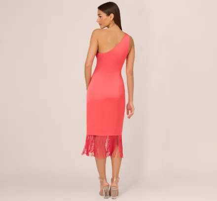 Adrianna Papell Wedding Guest Dresses|Petite-Friendly*Stretch Satin One Shoulder Midi Dress With Fringe Skirt In Spicy Coral
