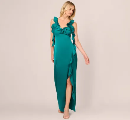 Adrianna Papell Wedding Guest Dresses|Formal Dresses*Stretch Satin Ruffle Long Dress In Deep Emerald