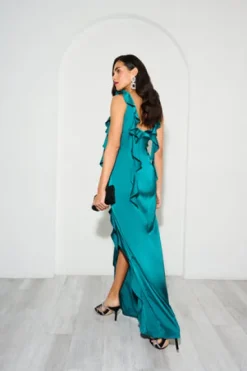 Adrianna Papell Wedding Guest Dresses|Formal Dresses*Stretch Satin Ruffle Long Dress In Deep Emerald