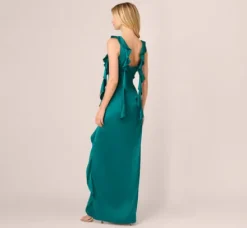 Adrianna Papell Wedding Guest Dresses|Formal Dresses*Stretch Satin Ruffle Long Dress In Deep Emerald