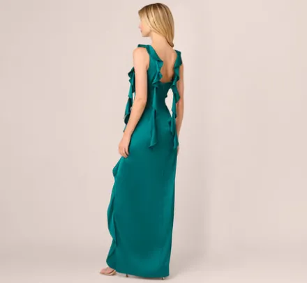 Adrianna Papell Wedding Guest Dresses|Formal Dresses*Stretch Satin Ruffle Long Dress In Deep Emerald