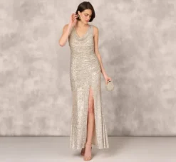 Adrianna Papell Wedding Guest Dresses|Formal Dresses*Stretch Sequin Sleeveless Cowl Neck Gown With Gathered Details In Champagne Silver