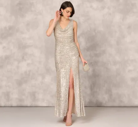 Adrianna Papell Wedding Guest Dresses|Formal Dresses*Stretch Sequin Sleeveless Cowl Neck Gown With Gathered Details In Champagne Silver