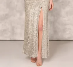 Adrianna Papell Wedding Guest Dresses|Formal Dresses*Stretch Sequin Sleeveless Cowl Neck Gown With Gathered Details In Champagne Silver