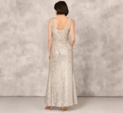 Adrianna Papell Wedding Guest Dresses|Formal Dresses*Stretch Sequin Sleeveless Cowl Neck Gown With Gathered Details In Champagne Silver