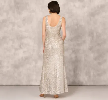 Adrianna Papell Wedding Guest Dresses|Formal Dresses*Stretch Sequin Sleeveless Cowl Neck Gown With Gathered Details In Champagne Silver