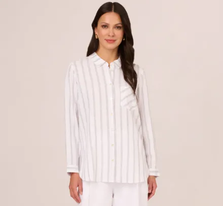Adrianna Papell Tops & Blouses*Striped Button Up Linen Shirt With Long Sleeves In White Grey Triple Stripe