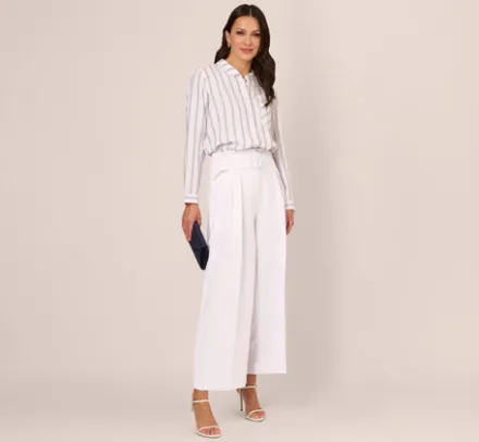 Adrianna Papell Tops & Blouses*Striped Button Up Linen Shirt With Long Sleeves In White Grey Triple Stripe