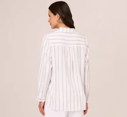 Adrianna Papell Tops & Blouses*Striped Button Up Linen Shirt With Long Sleeves In White Grey Triple Stripe