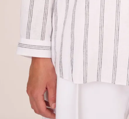 Adrianna Papell Tops & Blouses*Striped Button Up Linen Shirt With Long Sleeves In White Grey Triple Stripe